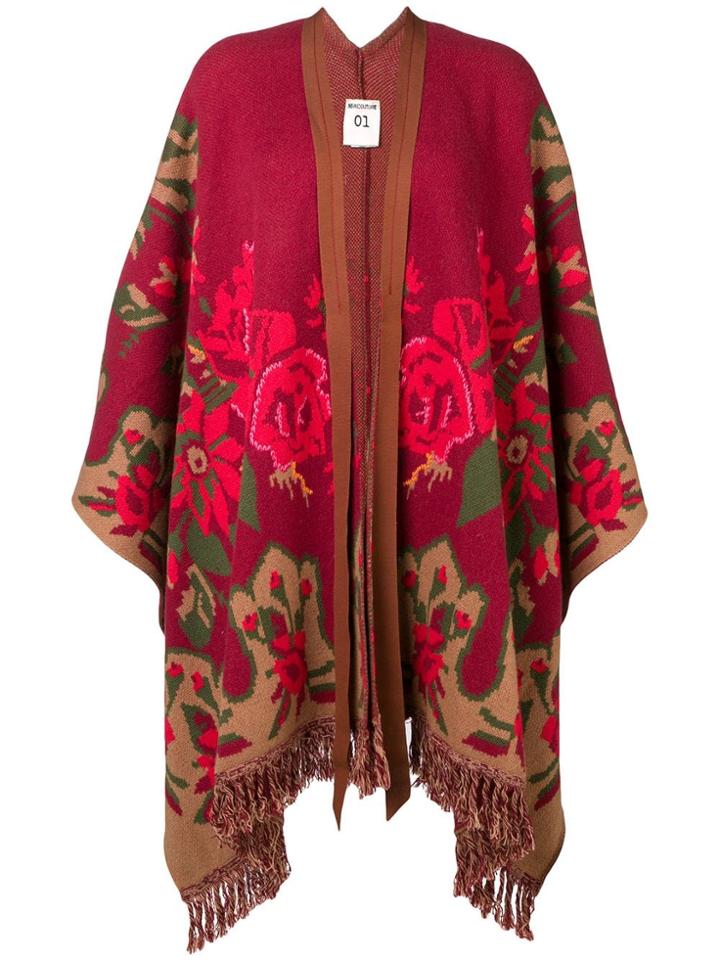 Semicouture Floral Fringed Knit Poncho - Red