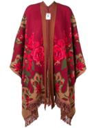 Semicouture Floral Fringed Knit Poncho - Red