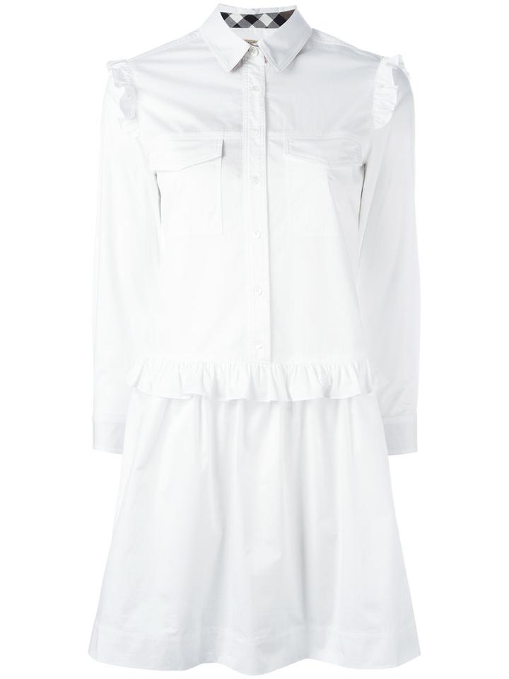 Burberry Ruffled Trim Shirt Dress, Women's, Size: 8, White, Cotton/spandex/elastane