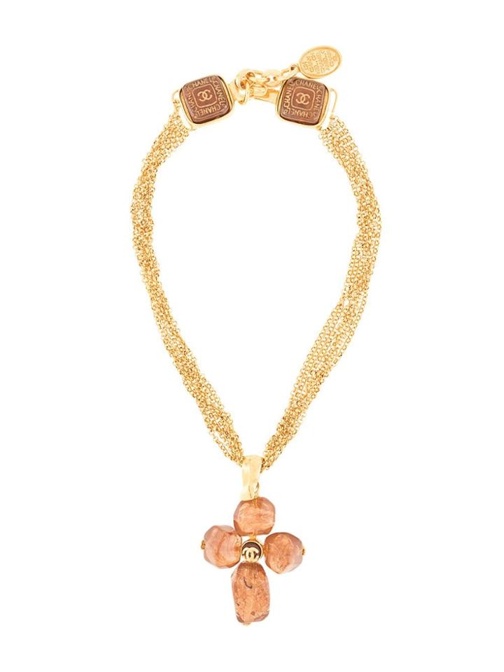 Chanel Pre-owned Stone Motif Chain Pendant Necklace - Gold