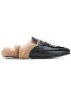 Gucci Tiger Patch Fur Lined Princetown Mules - Black