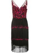 Marchesa Notte Floral Embroidered Fringed Dress - Black