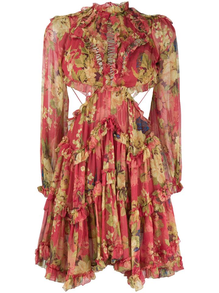 Zimmermann Floral Print Ruffle Dress - Red