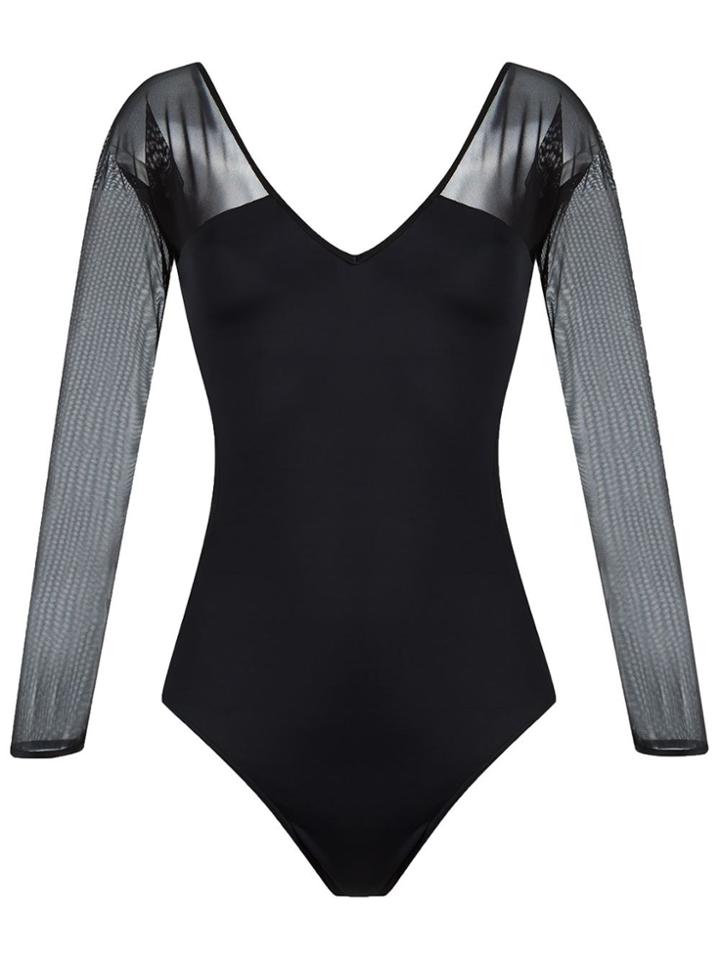 Brigitte V-neck Tulle Panel Body - Black