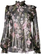Giambattista Valli Sheer Floral Print Blouse, Women's, Size: 46, Black, Silk
