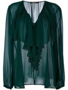 Roberto Cavalli - Frilled Neck Sheer Blouse - Women - Silk - 46, Green, Silk