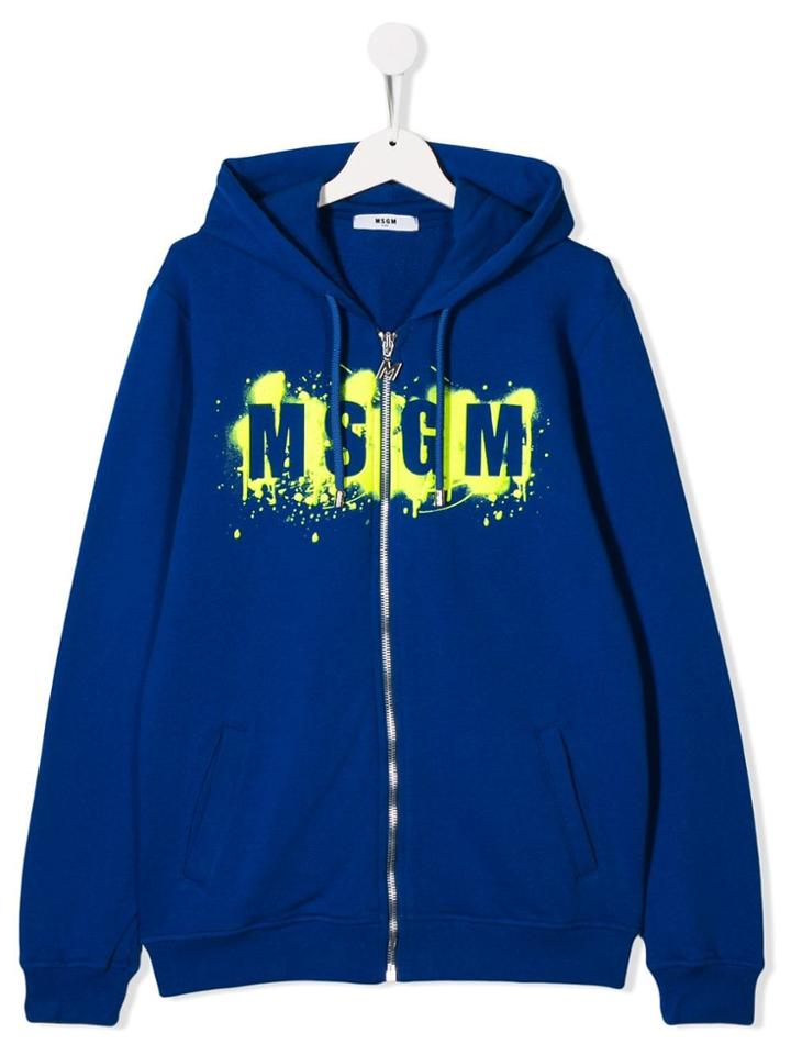 Msgm Kids Paint Splat Logo Zip Hoodie - Blue