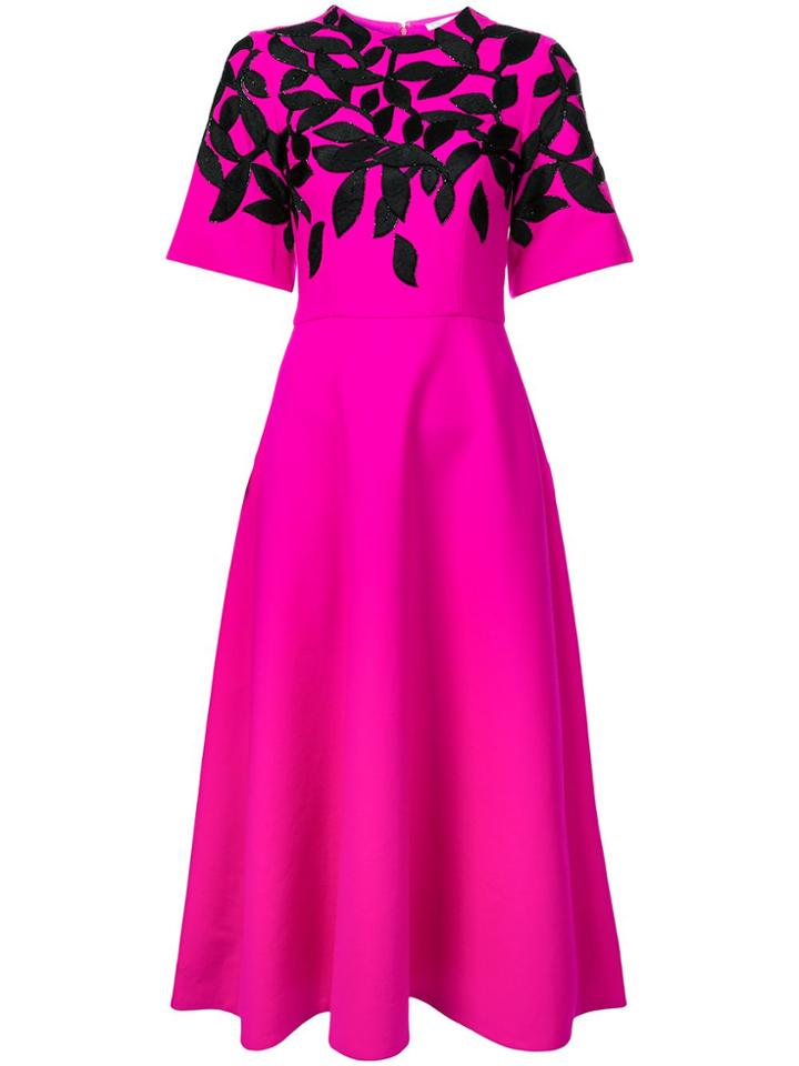 Oscar De La Renta Leaf Embroidered Day Dress - Pink & Purple
