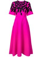 Oscar De La Renta Leaf Embroidered Day Dress - Pink & Purple