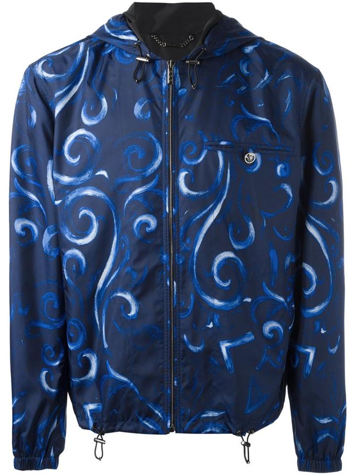 Versace Baroque Hooded Jacket, Men's, Size: 46, Blue, Cotton/polyester