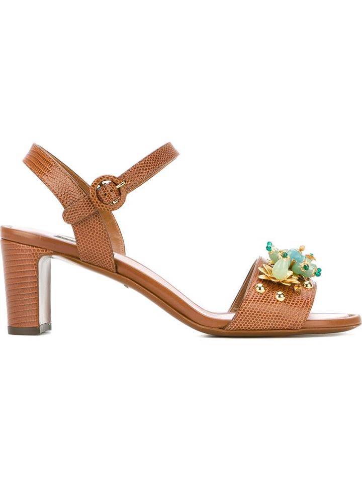 Dolce & Gabbana Embellished Sandals, Women's, Size: 36, Brown, Leather/satin/calf Leather
