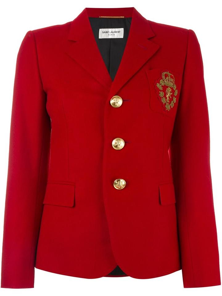 Saint Laurent Lion Crest Blazer, Women's, Size: 40, Red, Silk/cotton/virgin Wool