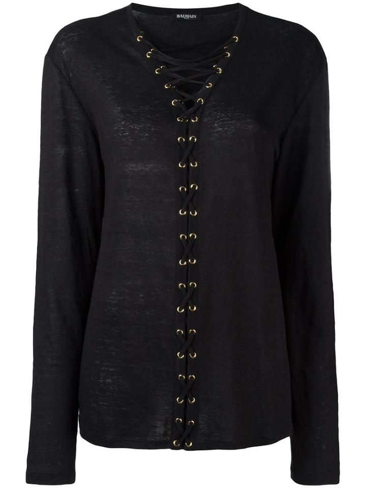 Balmain Crossed Lace-up Top, Women's, Size: 38, Black, Linen/flax