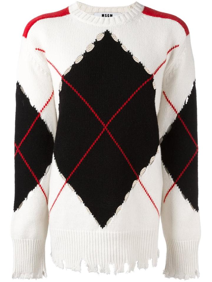 Msgm Distressed Argyle Jumper, Women's, Size: Small, White, Polyamide/wool