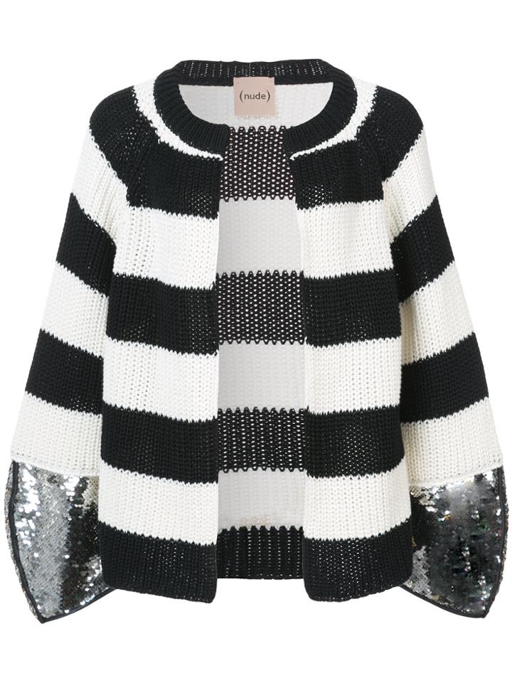 Nude Striped Cardigan With Sequin Cuffs - Black