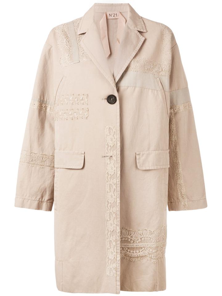 No21 - Lace Detail Coat - Women - Cotton/linen/flax - 40, Women's, Nude/neutrals, Cotton/linen/flax