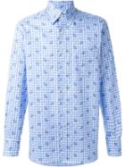 Canali Checked Floral Print Button Down Shirt, Men's, Size: Xl, Blue, Cotton
