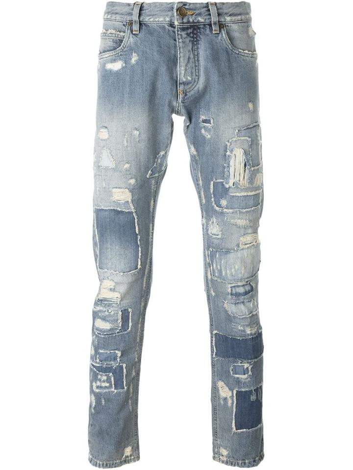 Dolce & Gabbana Patchwork Jeans, Men's, Size: 56, Blue, Cotton/calf Leather