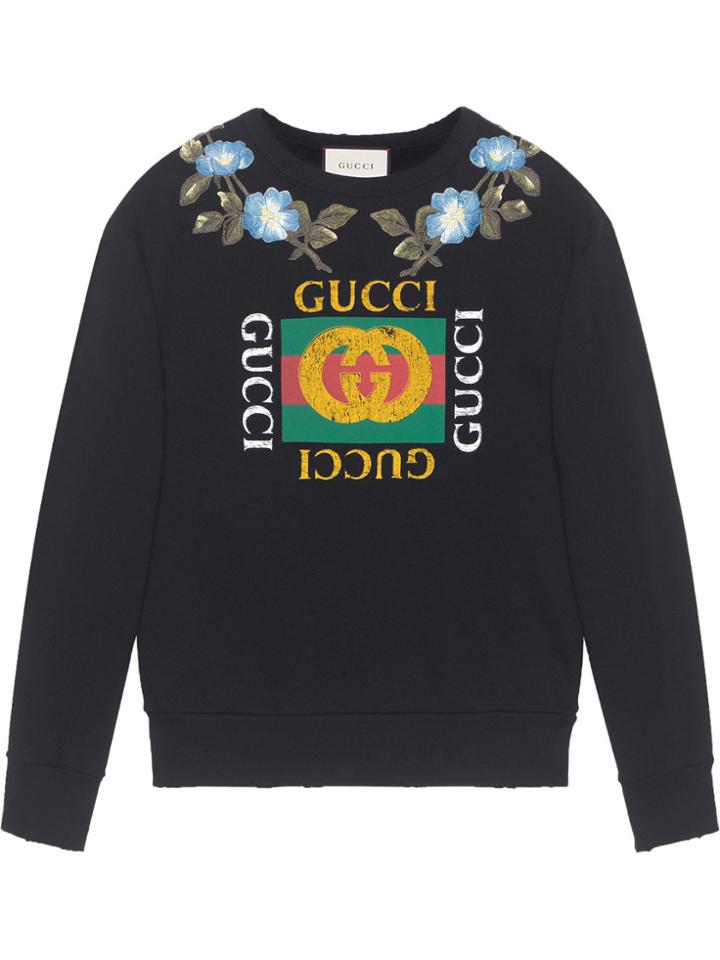 Gucci Cotton Sweatshirt With Gucci Logo And Flowers - Black