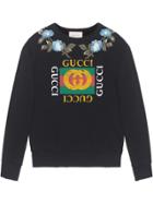 Gucci Cotton Sweatshirt With Gucci Logo And Flowers - Black