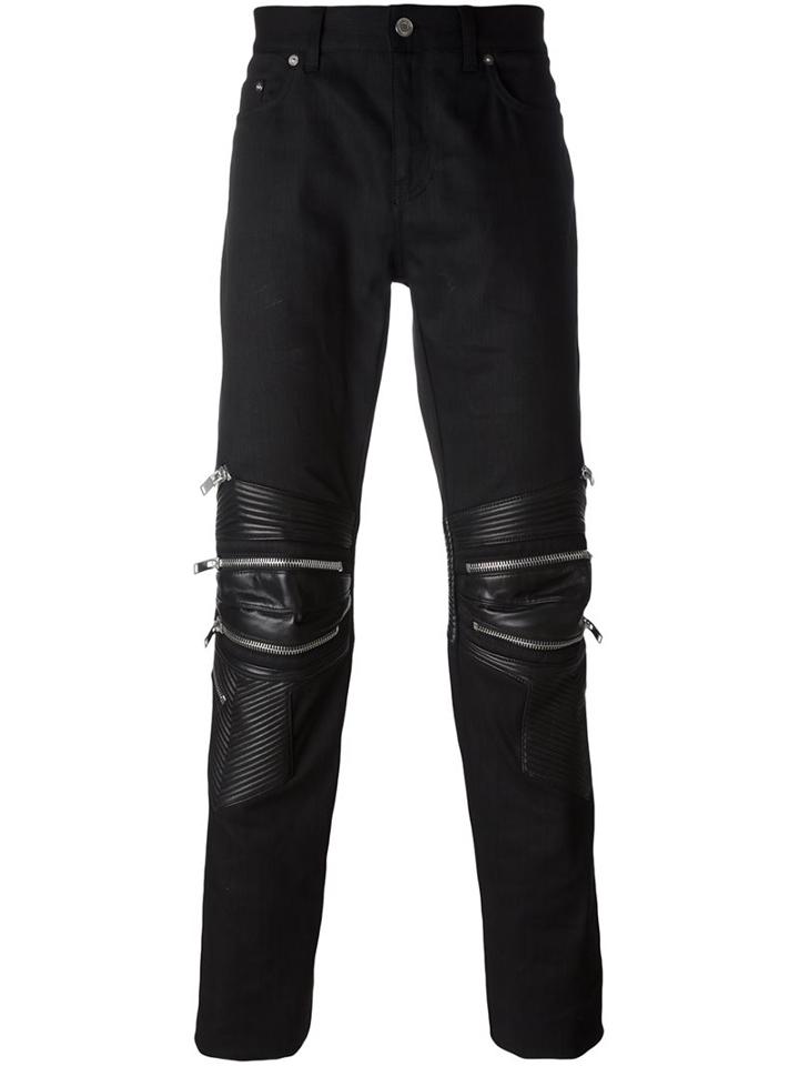 Saint Laurent Skinny Motocross Jeans, Men's, Size: 30, Black, Cotton/lamb Skin/spandex/elastane