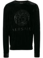 Versace Logo Print Velour Sweatshirt - Black