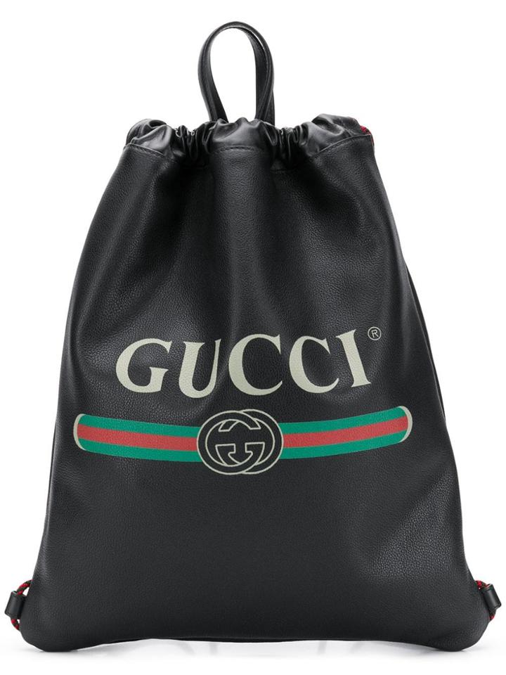 Gucci Logo Print Drawstring Backpack - Black