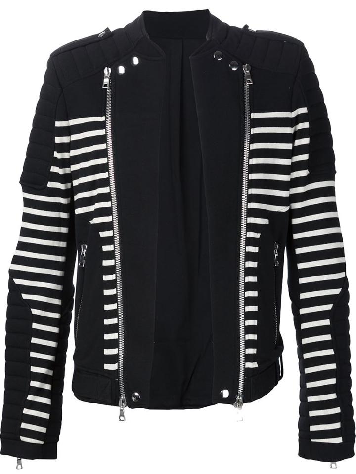 Balmain Striped Biker Style Jacket, Men's, Size: Small, Black, Cotton