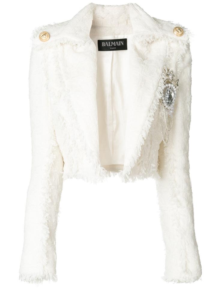 Balmain Embellished Cropped Tweed Jacket - White