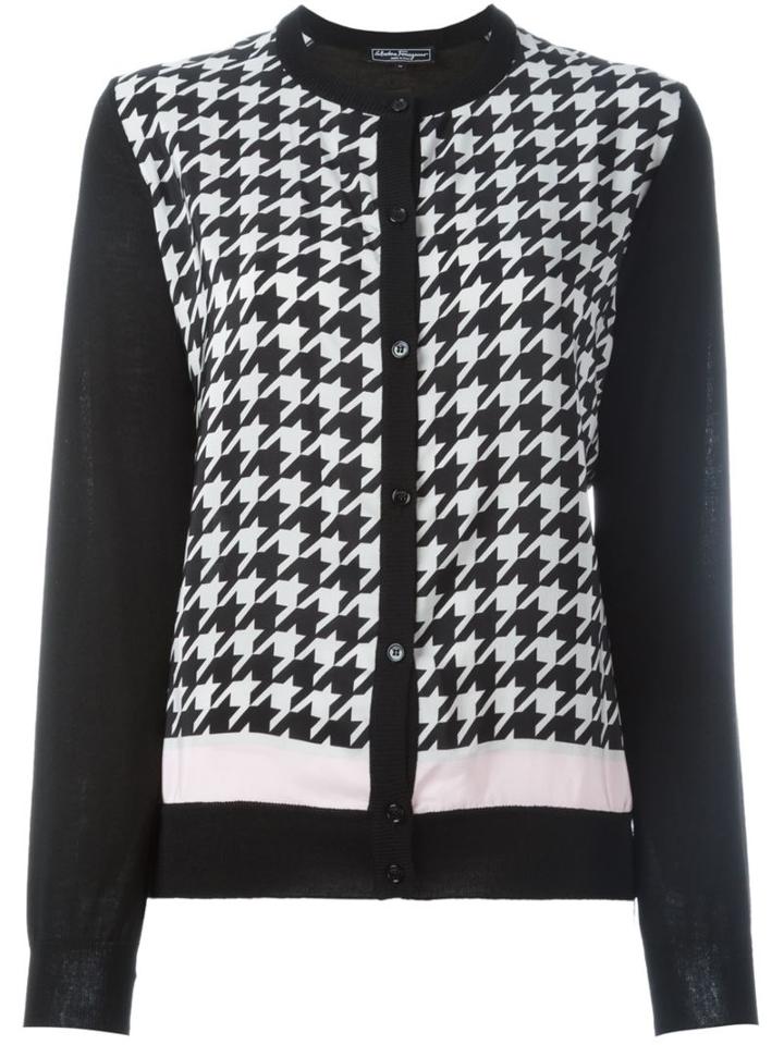 Salvatore Ferragamo Houndstooth Pattern Cardigan, Women's, Size: Medium, Black, Silk/virgin Wool