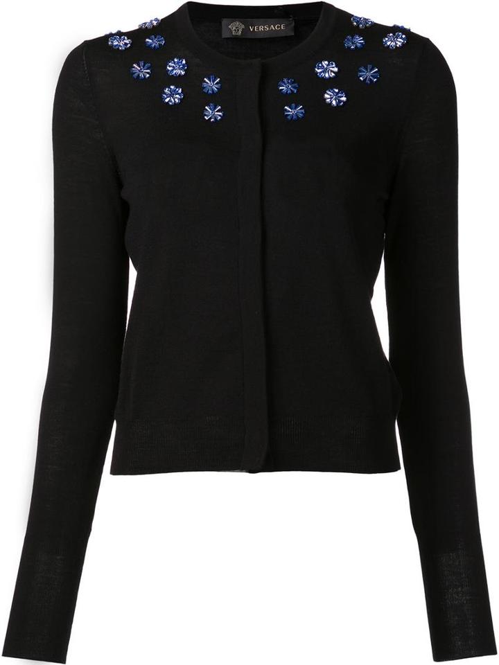 Versace Floral Embellishment Cardigan, Women's, Size: 40, Black, Wool