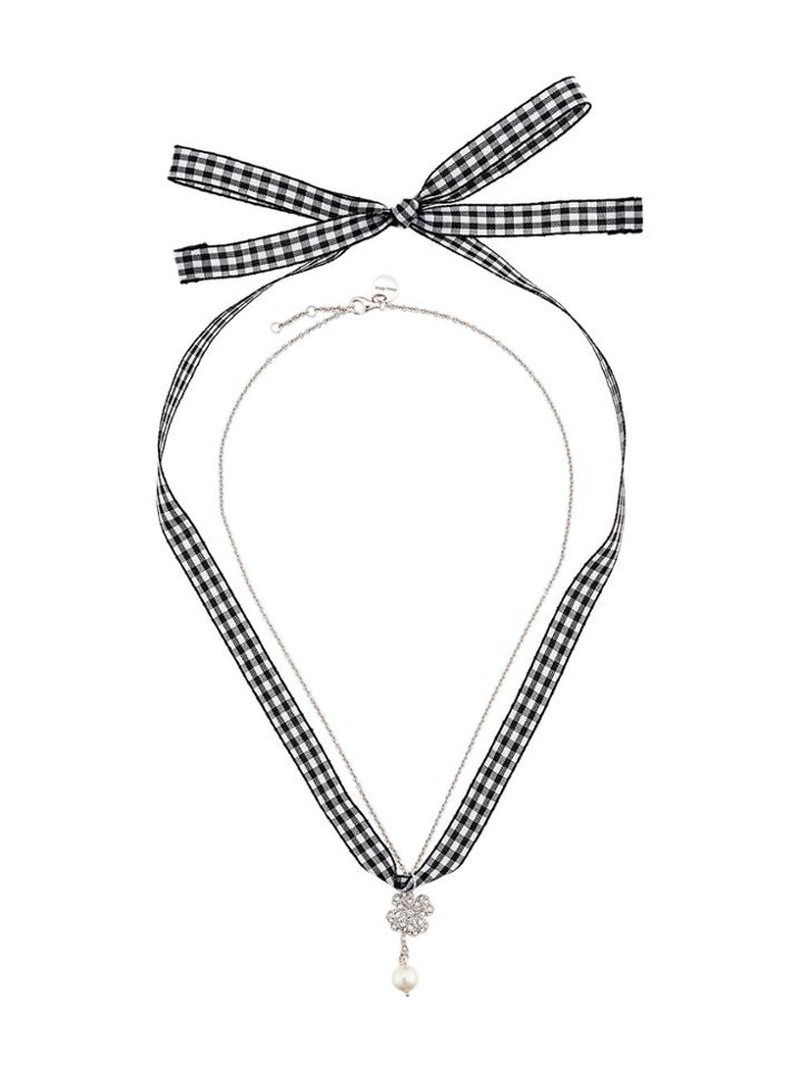 Miu Miu Gingham Four Leaf Clover Necklace - Metallic