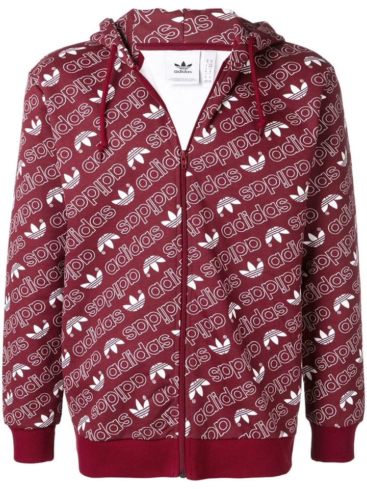 Adidas Logo Print Zipped Hoodie - Red