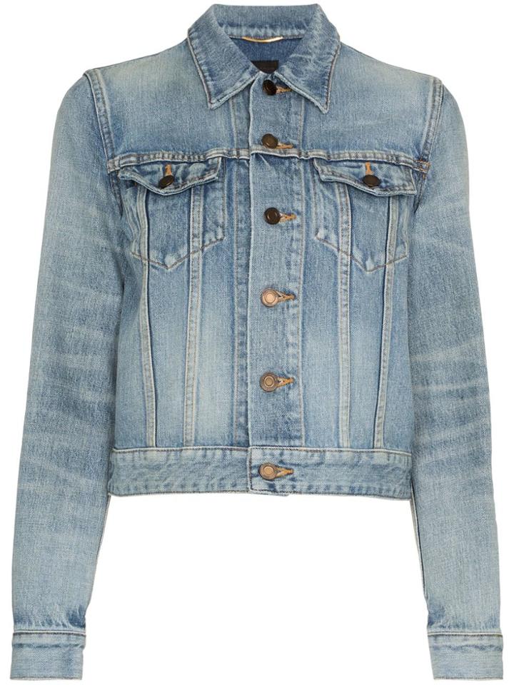 Saint Laurent Button Up Cropped Denim Jacket - Blue