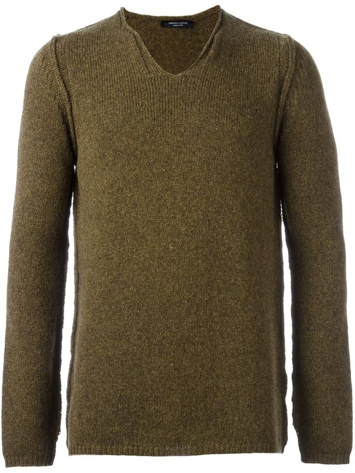 Roberto Collina V-neck Jumper, Men's, Size: 54, Green, Nylon/camel Hair/merino