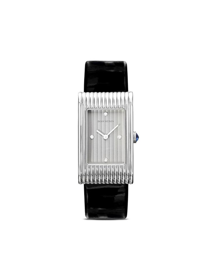Boucheron Medium Diamond Reflet Black Leather Strap Watch - Steel