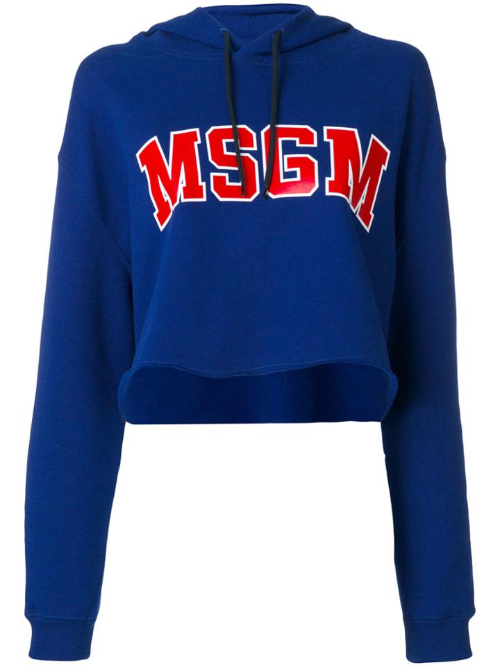 Msgm Logo Print Cropped Hoodie - Blue