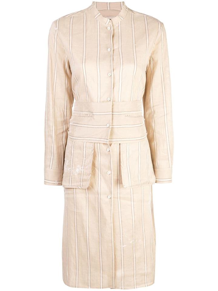 Uma Wang Striped Collarless Shirt - Brown