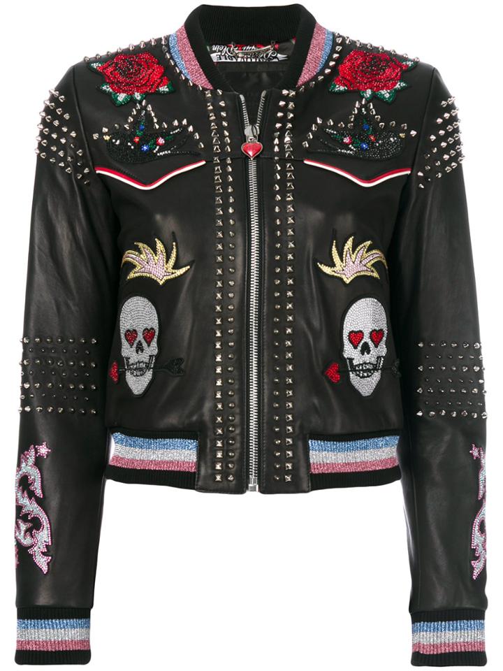 Philipp Plein Studded Skull Patch Jacket - Black