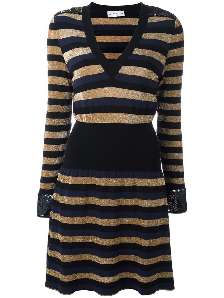 Sonia Rykiel Striped V-neck Dress, Women's, Size: Medium, Black, Viscose/polyester