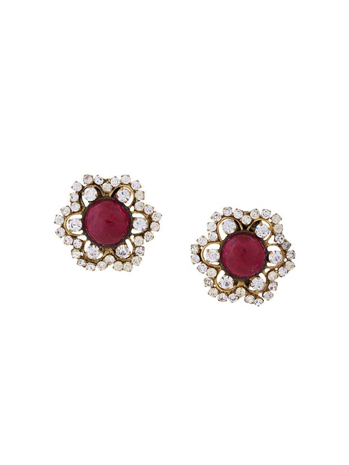 Chanel Vintage Rhinestone Flower Cutout Earrings - Metallic