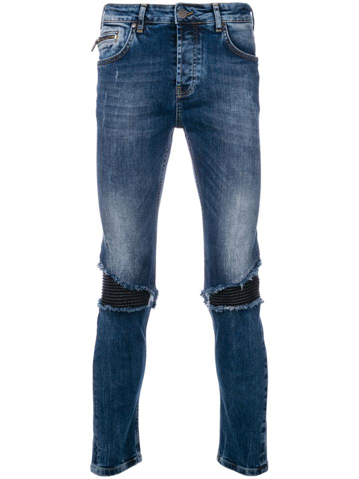 Frankie Morello Distressed Biker Panel Slim Fit Jeans - Blue