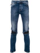 Frankie Morello Distressed Biker Panel Slim Fit Jeans - Blue