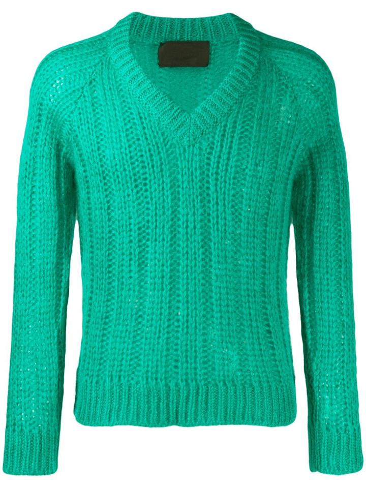 Prada Chunky V-neck Knit Top - Green