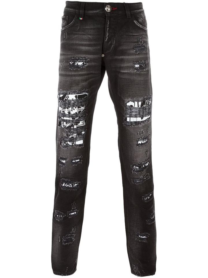 Philipp Plein Distressed Straight-leg Jeans, Men's, Size: 34, Black, Cotton/polyester