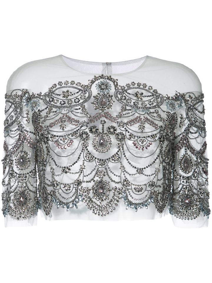 Monique Lhuillier - Embellished Sheer Capelet - Women - Nylon - 14, Grey, Nylon