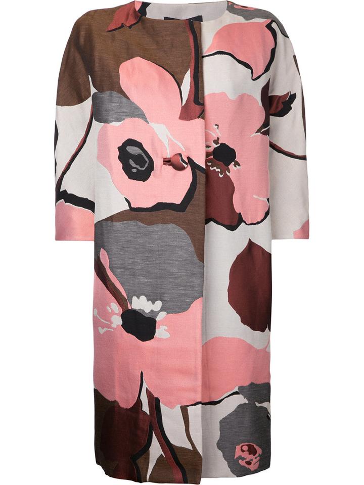 Paule Ka - Collarless Floral Coat - Women - Cotton/linen/flax/polyester - 38, Women's, Pink/purple, Cotton/linen/flax/polyester
