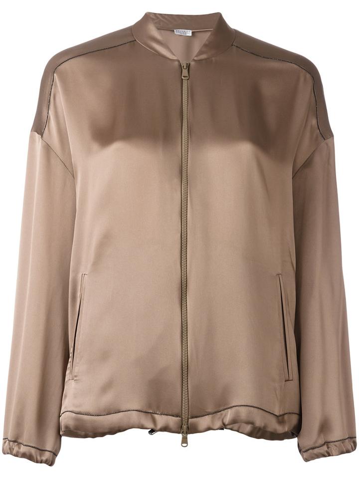 Brunello Cucinelli Zipped Bomber Jacket, Women's, Size: Large, Brown, Viscose/acetate/brass