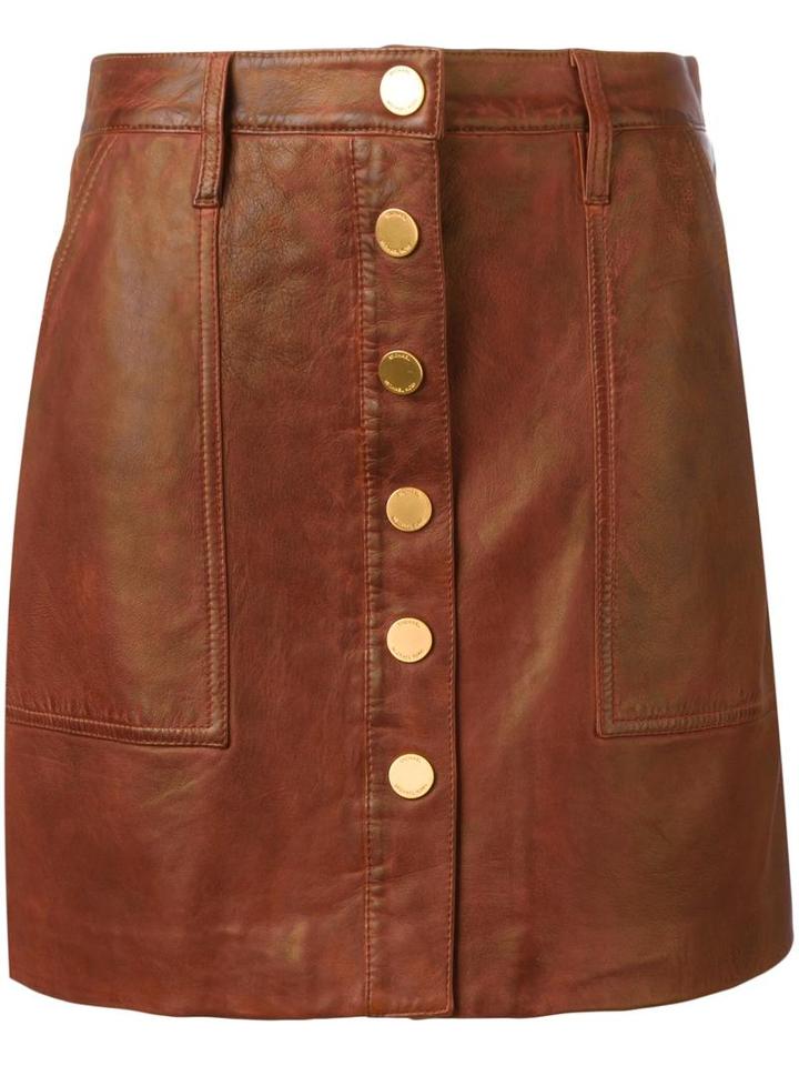 Michael Michael Kors Buttoned Leather Skirt, Women's, Size: 8, Brown, Lamb Skin/polyester/spandex/elastane