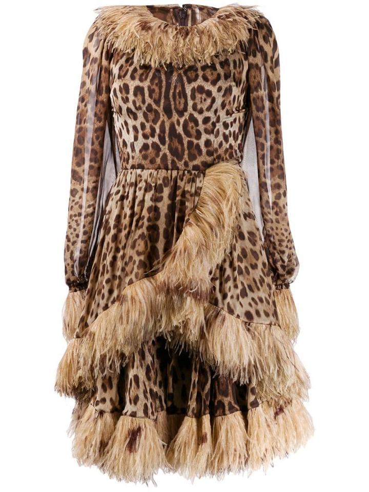 Dolce & Gabbana Feather Trim Leopard-print Dress - Brown